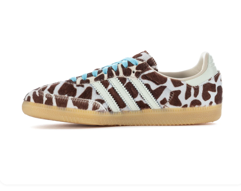 Adidas Cow-Print Low-Top Sneakers - Brown & Cream with Blue Laces