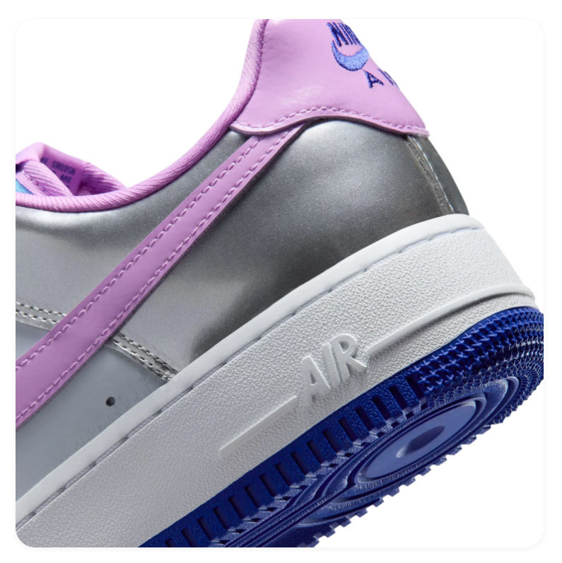 Nike Air Force 1 Low Sneakers – Metallic Silver & Lilac with Turquoise Laces
