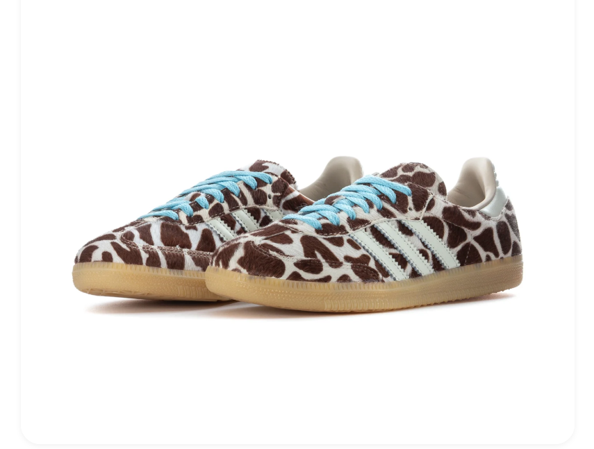 Adidas Cow-Print Low-Top Sneakers - Brown & Cream with Blue Laces