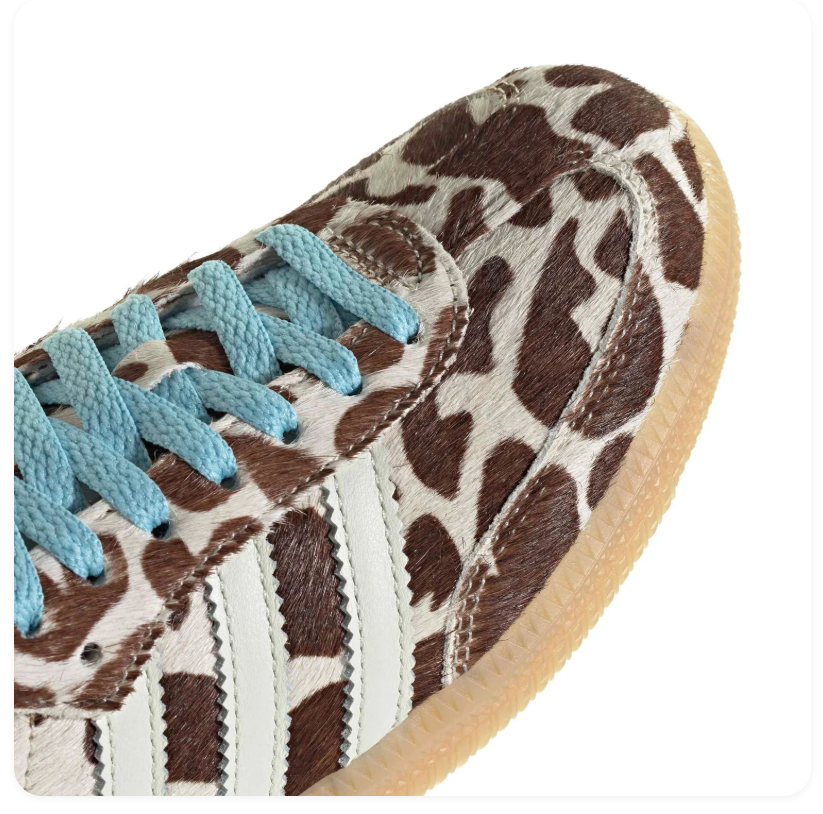 Adidas Cow-Print Low-Top Sneakers - Brown & Cream with Blue Laces