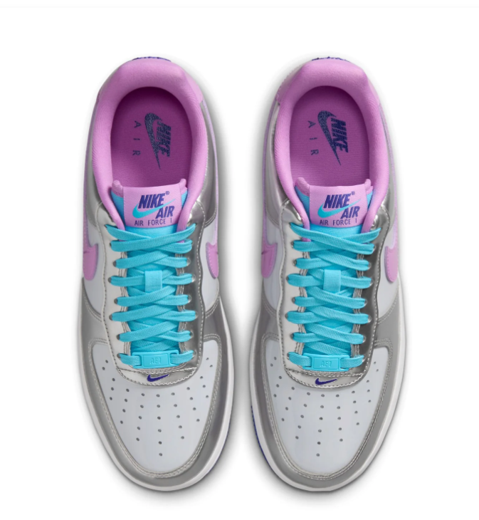 Nike Air Force 1 Low Sneakers – Metallic Silver & Lilac with Turquoise Laces