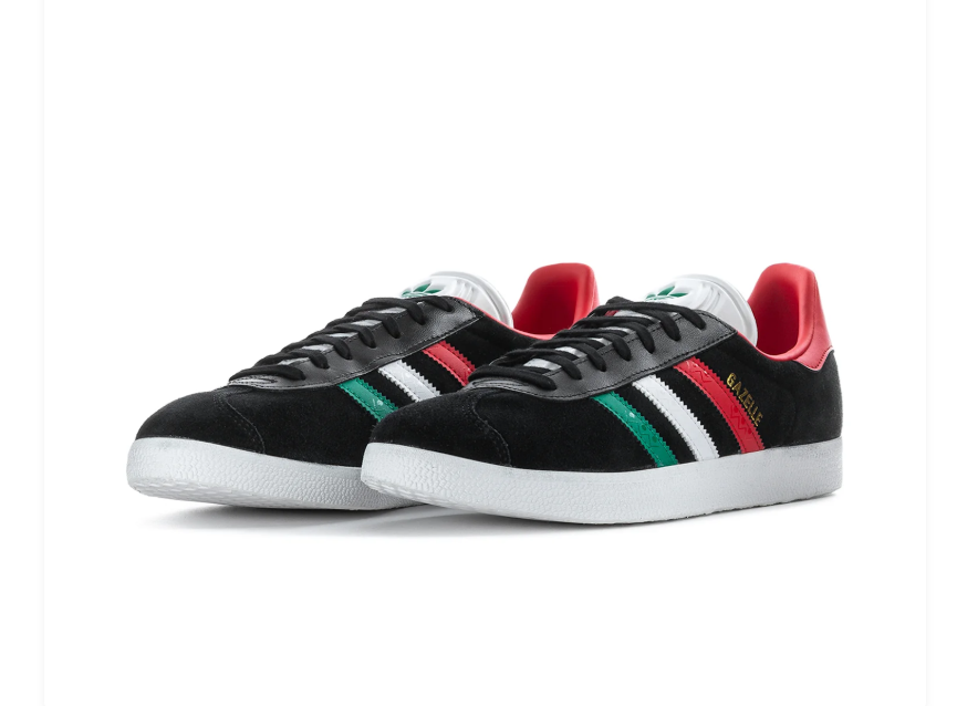 Adidas Gazelle Low-Top Sneakers - Black with Green, White & Red Stripes