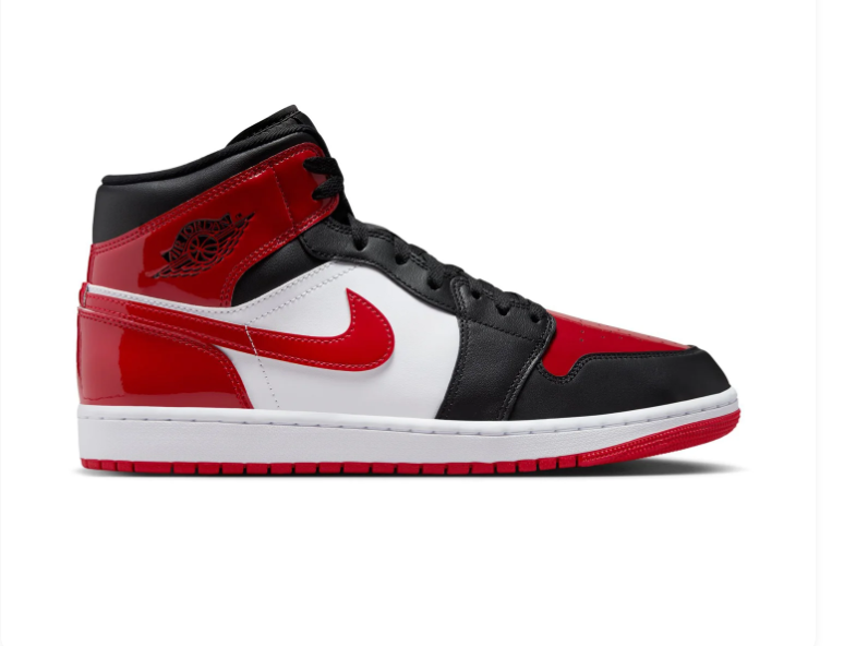 Air Jordan 1 Mid Sneakers - Glossy Red, Black & White