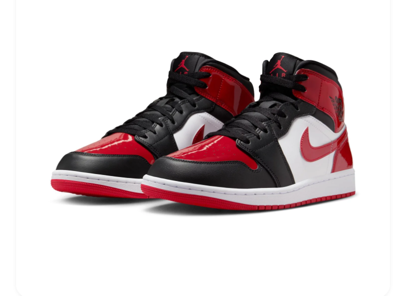 Air Jordan 1 Mid Sneakers - Glossy Red, Black & White