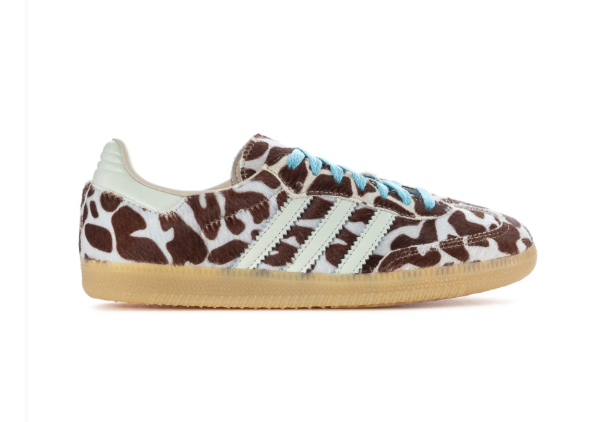 Adidas Cow-Print Low-Top Sneakers - Brown & Cream with Blue Laces