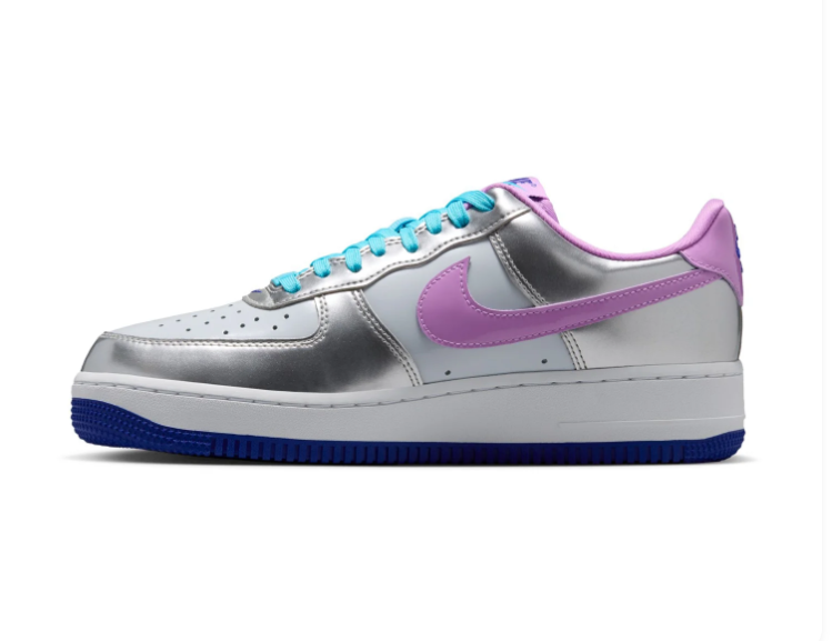 Nike Air Force 1 Low Sneakers – Metallic Silver & Lilac with Turquoise Laces