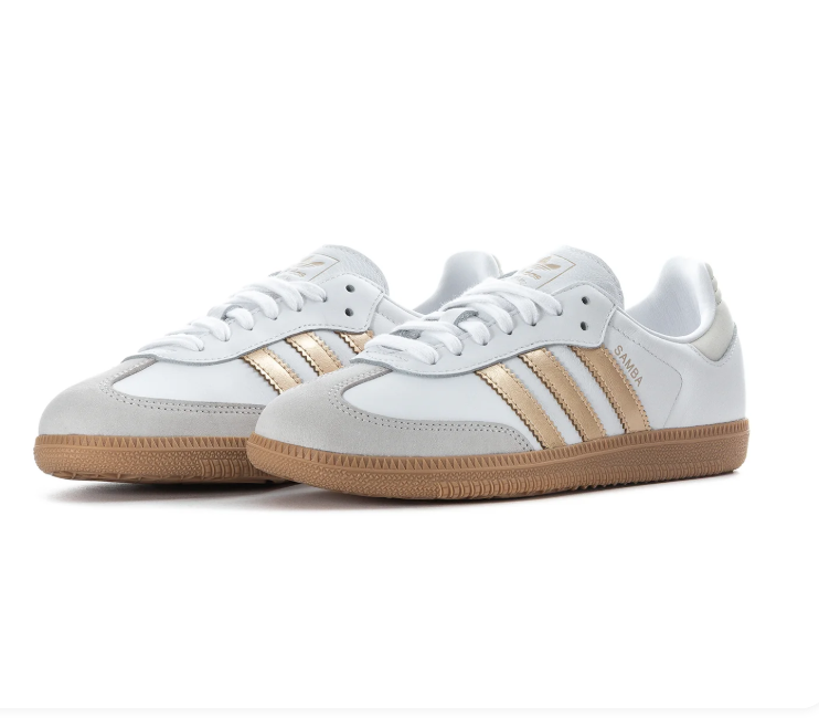 Adidas Samba Low-Top Sneakers - White & Gold with Gum Sole