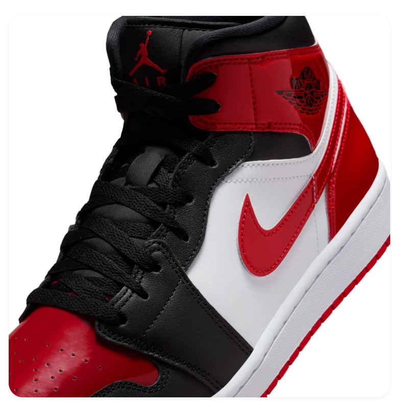 Air Jordan 1 Mid Sneakers - Glossy Red, Black & White