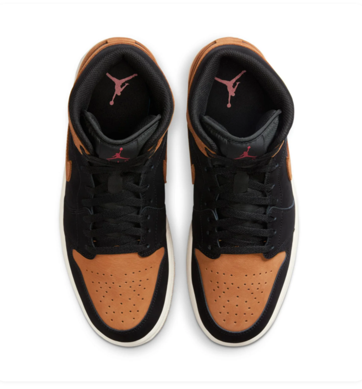 Air Jordan 1 Mid Sneakers - Black & Caramel with Burgundy Accents
