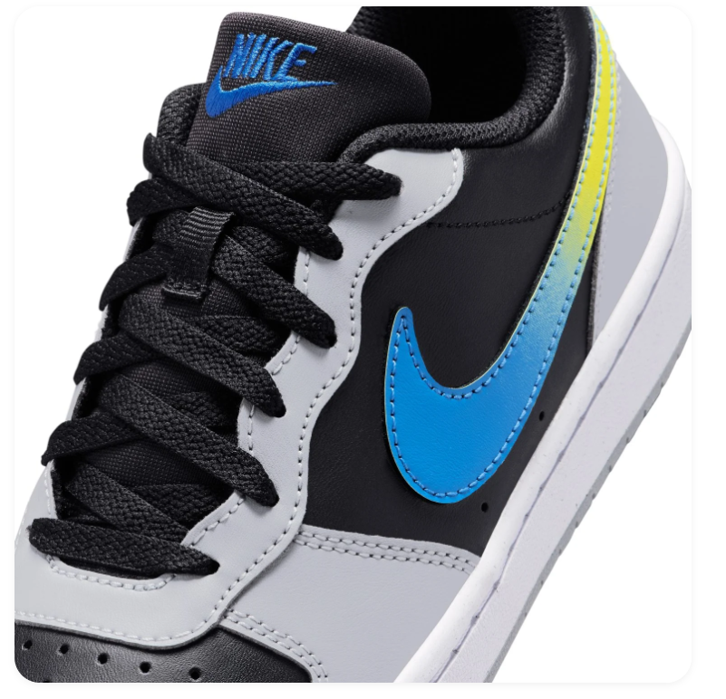 Nike Low-Top Sneakers – Black & Light Grey with Blue-to-Yellow Swoosh