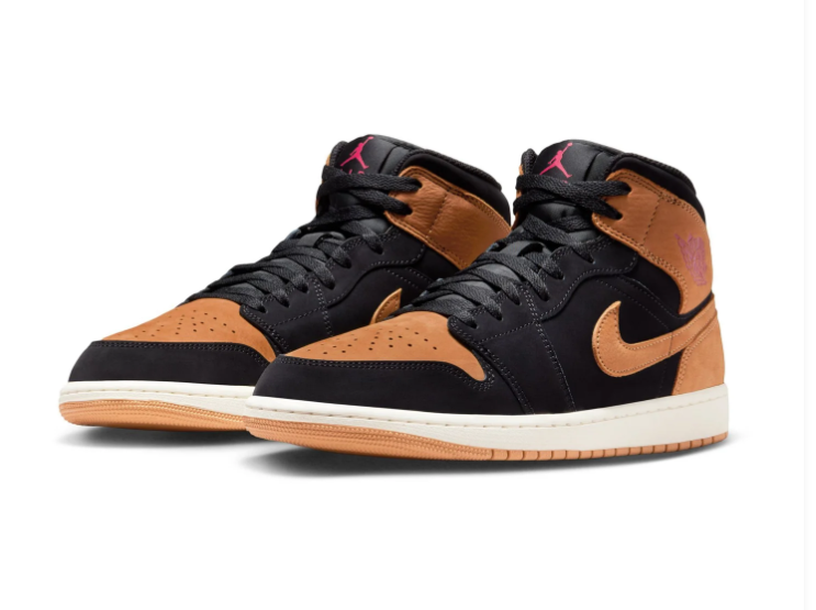 Air Jordan 1 Mid Sneakers - Black & Caramel with Burgundy Accents