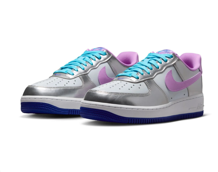 Nike Air Force 1 Low Sneakers – Metallic Silver & Lilac with Turquoise Laces
