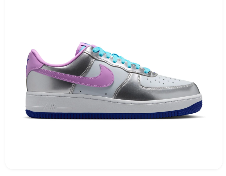 Nike Air Force 1 Low Sneakers – Metallic Silver & Lilac with Turquoise Laces