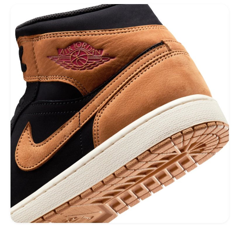 Air Jordan 1 Mid Sneakers - Black & Caramel with Burgundy Accents