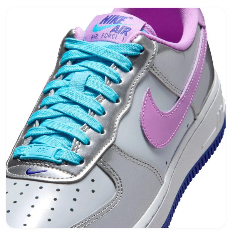 Nike Air Force 1 Low Sneakers – Metallic Silver & Lilac with Turquoise Laces